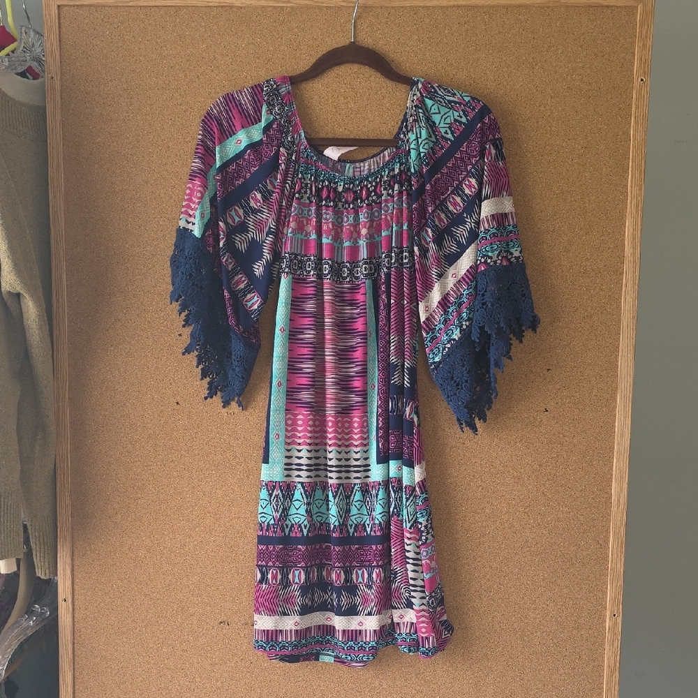 Pink Coconut Print Dress Navy Lace Sleeves  Size S Made In USA Boho Geometric